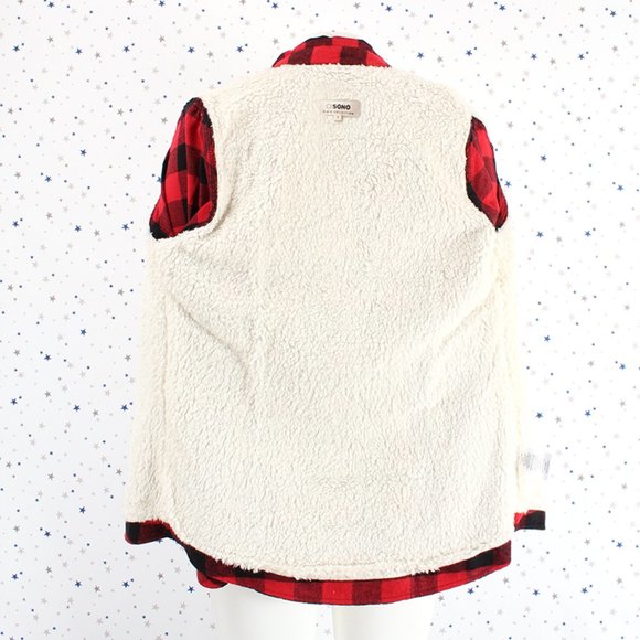 Sherpa Fur Lined Flannel Plaid Button Up Shirt Red Black Medium - Picture 7 of 7